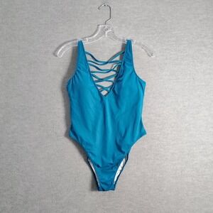 PINK Victoria's Secret Women Swimwear Medium Blue One Piece Strappy V Neck